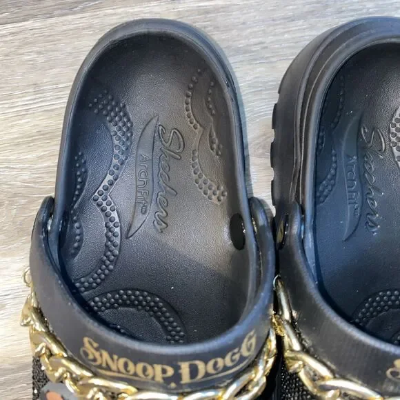 Skechers x Snoop Dogg Black Bling Clogs w/ Charms & Gold Chain Slip Ons SZ 8 - Picture 7 of 9